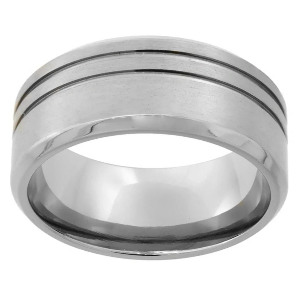 9mm Titanium Wedding Band Ring 2 Stripes Beveled